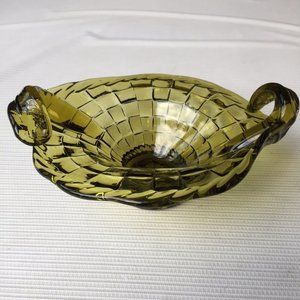 Vintage Avocado Green Pedestal Bowl Candy Dish Cut Glass Squares Twist Handles